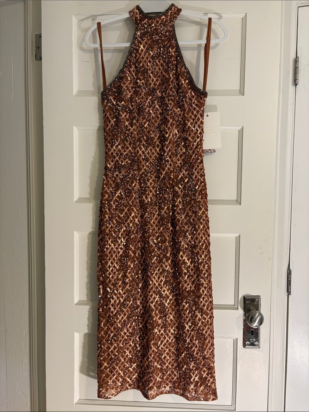 Mac Duggal NWT Sequin Halter Midi Dress - Copper